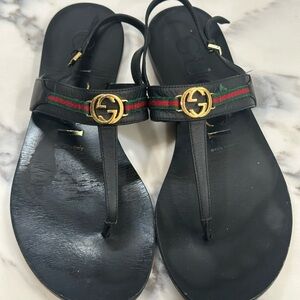 Women Gucci Black Sandals with Gold and Green Accents Size 39